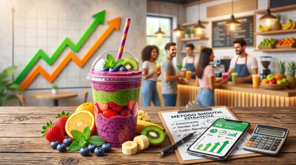 Copo de smoothie colorido com frutas frescas ao redor sobre gráfico de crescimento, ilustrando o Método Smooth — Programa de Aceleração para redes de smoothies lucrarem alto no Brasil.